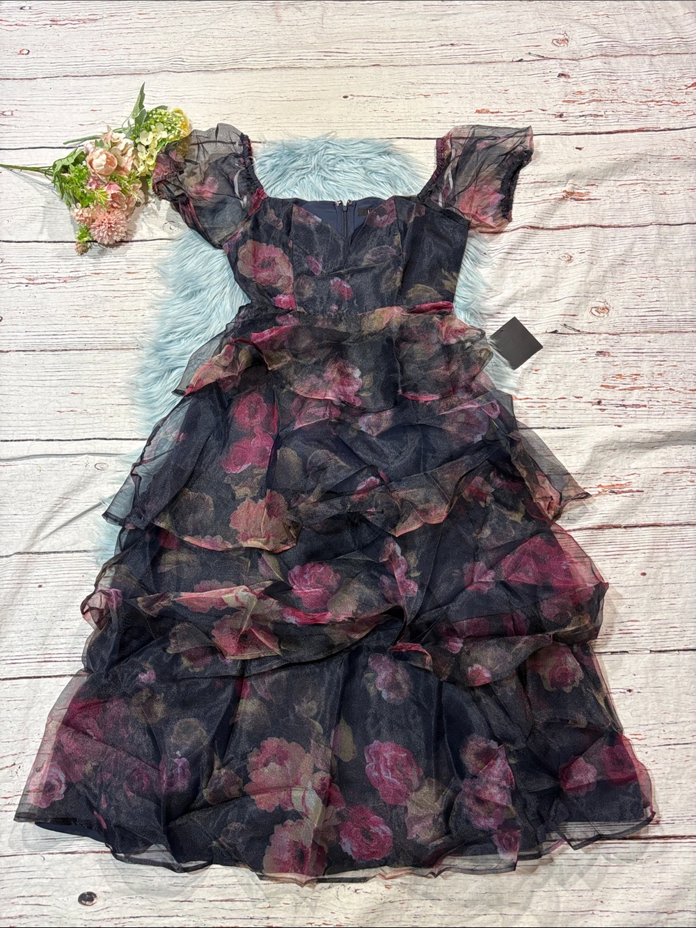 NWT Lulus Oh-So Stunning Navy Blue Floral Organza Tiered Midi Dress - Picture 2 of 9